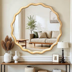 Circle Wood Mirrors for Wall, Wavy Round Bathroom Scalloped Mirror Wooden Frame 36 Inch for Living Room Farmhouse Bedroom Hallway Entryway Living Room with Shatterproof Glass Wall Mounted - size: 36"L x 36"W