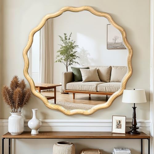 Circle Wood Mirrors for Wall, Wavy Round Bathroom Scalloped Mirror Wooden Frame 36 Inch for Living Room Farmhouse Bedroom Hallway Entryway Living Room with Shatterproof Glass Wall Mounted - size: 36"L x 36"W
