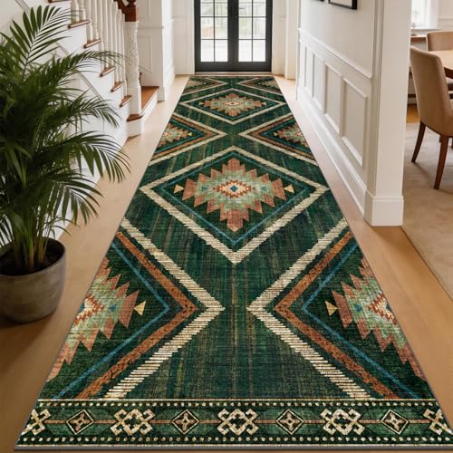 Boho Runner Rugs for Hallway 3x14Ft Non Slip, Long Wide Green Moroccan Washable Kitchen Rug Runner, Soft Geometric Entryway Floor Carpets for Entrance Doorway Home Office Decor - color: Green, size: 3' x 14' (Rectangular)