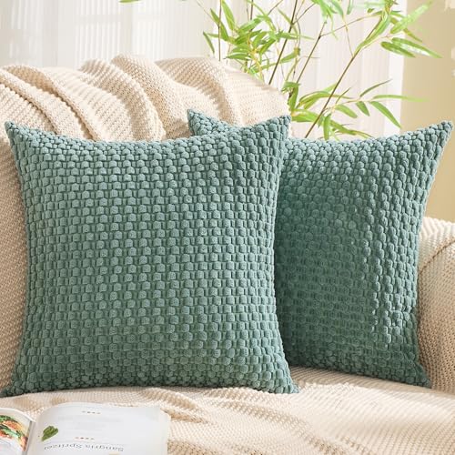 GAWAMAY Decorative Throw Pillow Covers 22x22 Inch Set of 2 for Living Room Couch Bed Sofa, Farmhouse Square Cushion Cover Soft Striped Corduroy Pillow Cases Boho Accent Home Decor (55x55cm) Blue Green - color: Blue Green, size: 22" x 22" (Pack of 2)