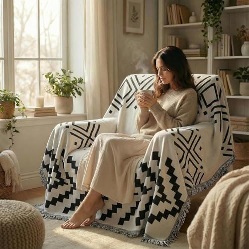 amorus Bohemian Throw Blanket Chenille Jacquard Tassels Cover, 71"*90",NO.1 | Boho Style blankets, modern Geometric, warm & cozy. For couch, bed, outdoor, car - color: Pattern 1, size: 71x91 in