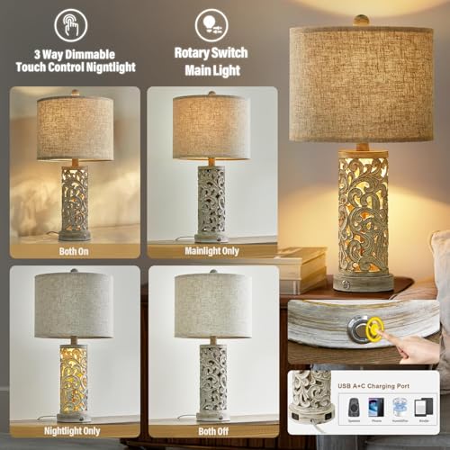 OYEARS Bedside Table Lamps Set of 2 with USB & Night Light, 22'' Dimmable Touch Lamps for Nightstand, Farmhouse Lamps for Bedroom Living Room Home Offce (Bulb Included) - color: Rustic Grey