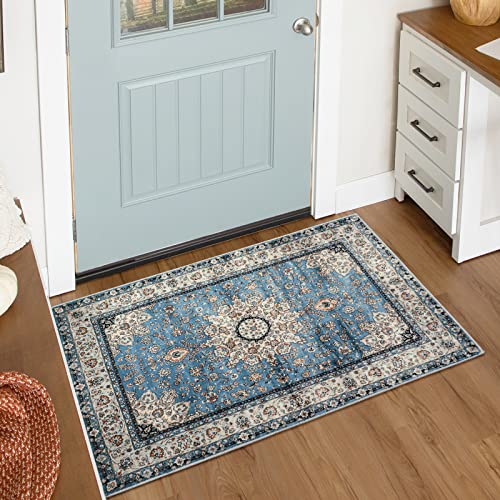 Lahome Felice Oriental Floral Medallion Area Rug - 2x3 Blue Distressed Small Entryway Rug Printed Doormat Vintage Non-Slip Washable Low-Pile Carpet for Indoor Front Entrance Kitchen Bathroom - color: Floral Medallion, size: 2' x 3' (Rectangular)