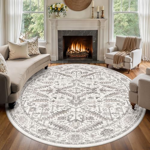 8x8 Round Area Rugs for Living Room-Washable Soft Large Vintage Rug Non-Slip Stain Resistant Traditional Stain Resistant Indoor Floor Low Pile Carpet for Bedroom Dining Room or Home Office- White - color: White, size: 8' x 8'