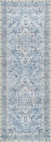 Bloom Rugs Caria Washable Non-Slip 7 ft Runner - Blue Traditional Runner for Entryway, Hallway, Bathroom, and Kitchen - Exact Size: 2'6" x 7' - color: Blue, size: 2'6" x 7' (Runner)