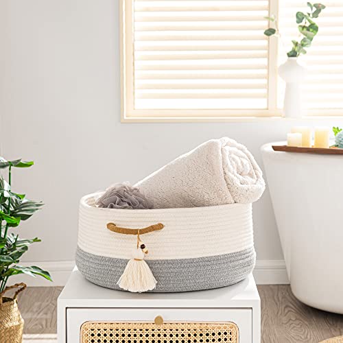 KAKAMAY Woven Baskets for Storage(16"x8"),Blanket Basket for Organizing Living Room,Cotton Rope Basket Woven Baby Laundry Hamper,Collapsible Laundry Room Organization,Clothes,Toy Chest(Grey) - color: Grey