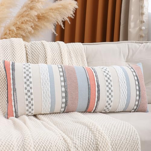 Boho Lumbar Throw Pillow Cover 14x36 Long Body Lumbar Decorative Pillow Case Accent Chenille Striped Pillowcase Farmhouse Cushion Case for Home Decor Orange and Blue (1 Piece) - color: Orange-blue Stripe, size: 36" x 14" (Pack of 1)