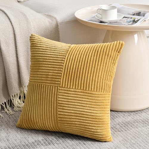Fancy Homi 2 Packs Mustard Yellow Samll Decorative Throw Pillow Covers 12x12 Inch with for Couch Bed Sofa, Rustic Farmhouse Boho Home Decor, Soft Corss Patchwork Corduroy Square Cushion Case 30x30 cm - color: Mustard Yellow, size: 12" x 12" (Pack of 2)