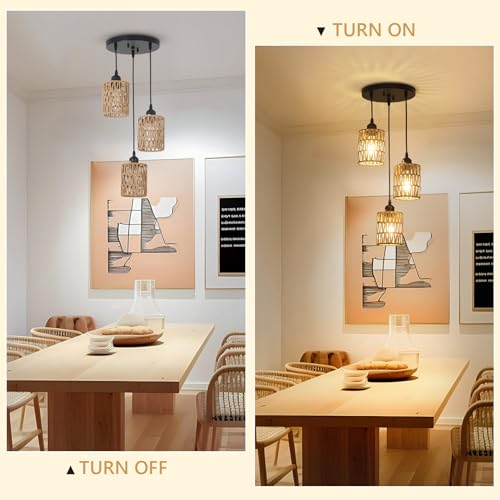 LAMSU 3 Lights Rattan Pendant Light, Farmhouse Dining Room Light Fixtures Ceiling Hanging, Boho Pendant Lighting with Hand Woven Wicker Shades for Kitchen Island Living Room Bedroom Foyer Hallway - size: 3 Lights