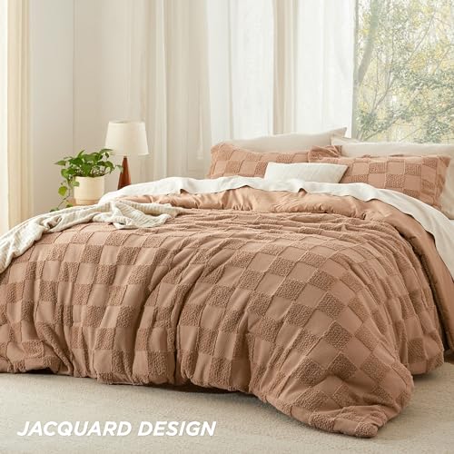Bedsure Taupe Queen Size Comforter Set, Boho Tufted Bed Set, Checkered Farmhouse-Style Distressed Vintage Bedding, 3 Pieces, 1 Plaid Geometric Comforter and 2 Pillow Shams - color: 01 - Taupe - Tufted Checkboard, size: Queen