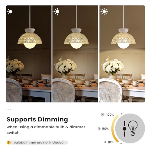 AIJIASI Rattan Pendant Light, 11.8" Hand Woven Boho Pendant Light Fixture with Milk Glass Globe, Gold Kitchen Pendant Lighting Over Island Adjustable Chandelier for Dining Room Hallway Foyer - color: White