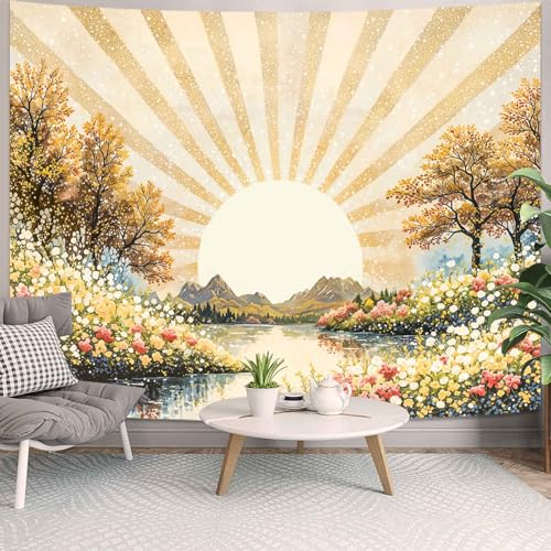 Lunerfex Sunburst Floral Tapestry - Nature Landscape Wall Hanging with Forest and Lake - Rustic Cottagecore Decor 80"x60" - color: Bright Yellow, size: 80"L x 60"W