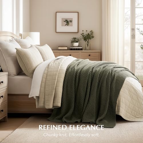 EVERGRACEHOME Chunky Polyester Knit Throw Blanket for Couch, Soft Luxurious Oversized King Moss Stitch Blanket for Bed, Large Cozy Farmhouse Knitted Throw for Sofa, Olive Green, 92" x 108" - color: Olive Green, size: 108" X 92"