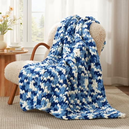 Amélie Home Chunky Knit Throw Blanket for Couch, Soft Chenille Handmade Crochet Throw Rope Knot Blanket for Couch, 50"x60", Space-Dyed Blue - color: Blue&white, size: 50"x60"