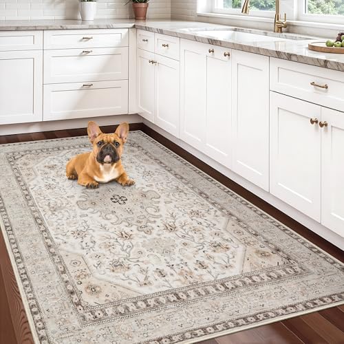 4x6 Rug Washable for Entryway: Oriental Runner for Bedroom - Ultra Thin Low Pile Stain Resistant Carpet - Home Decor for Vintage Style Lover - 4x6 Ivory - color: Ivory, size: 4x6