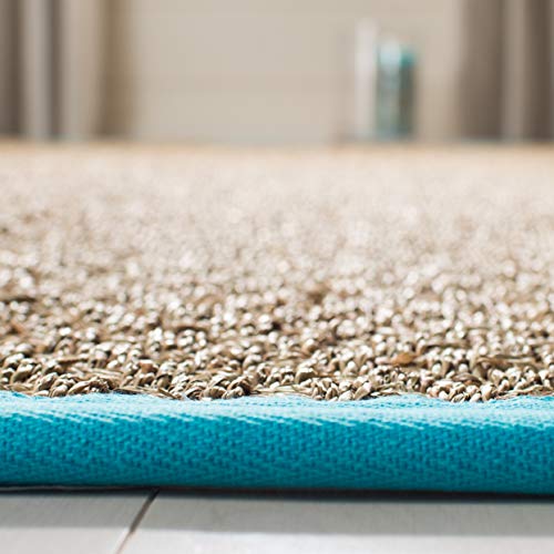 SAFAVIEH Area Rug 6' Round - Natural Fiber Collection - Natural & Turquoise, Seagrass, Basketweave Pattern with Border (NF114S) - color: Natural/Turquoise, size: 6' (Round)