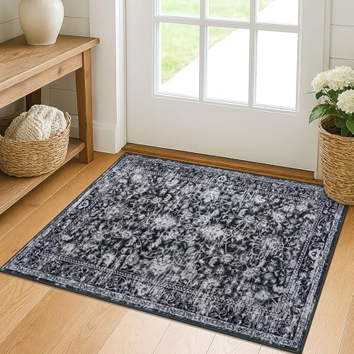 KILOCOCO Small Area Rug 2x3 Entryway Rugs Printed Vintage Moroccan Floral Washable Rug Non-Slip Kitchen Rug Indoor Door Mat, Accent Throw Small Rugs for Laundry Room Bedroom Entrance, Black/Navy/White - color: Black/White, size: 2' x 3' (Rectangular)