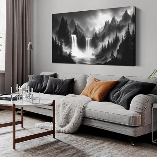 HUBOSKN Waterfall Pictures Wall Decor for Living Room - Mountain Wall Art for Office - Black and White Canvas Wall Art for Bedroom Size 24" x 48" - color: Black and White, size: 48"L x 24"W