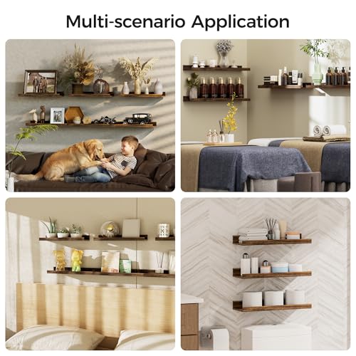 upsimples 6 Pack Wooden Floating Shelves, Wall Storage Decor Shelf for Bathroom, Bedroom, Living Room, Kitchen, Office and Laundry Room, Wall Mounted Display Hanging Shelf, Brown - color: Brown, size: 15.7in