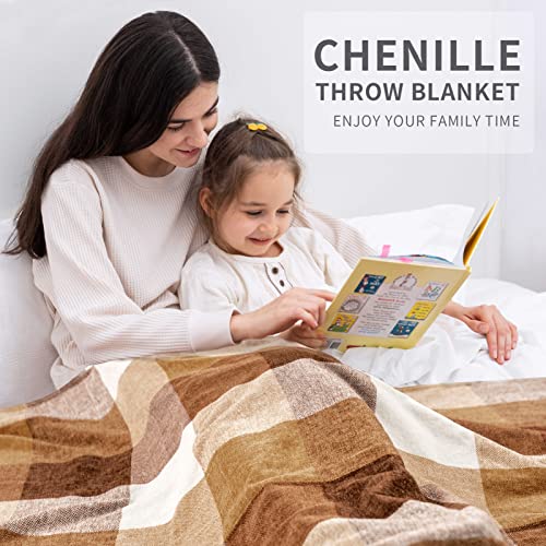 RECYCO Buffalo Paid Chenille Throw Blanket for Couch, Soft Cozy Decorative Buffalo Check Blanket Throw with Tassels for Bed Sofa, Lightweight Chenille Knitted Throw, Plaid Brown Off White, 50'' x 60'' - color: Plaid Brown Off White, size: 50'' X 60''