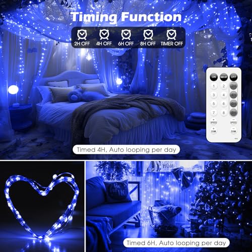 Fairy Lights 66ft 200 LED USB Twinkle String Lights Plug in Silver Wire Lights with Remote and Timer 8 Modes Outdoor Waterproof Starry Lights DIY Party Wedding Christmas Decoration（Blue） - color: Blue