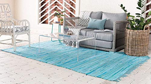 Unique Loom Chindi Cotton Collection Soft Hand Woven Natural Fiber Striped Area Rug, 2 ft 2 in x 3 ft, Turquoise/Ivory - color: Turquoise/Ivory, size: 2'2" x 3' (Rectangular)