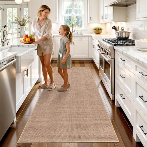 3x6 Kitchen Runner Rug Washable Non Slip: Solid Color Pattern Faux Jute Rug - Thin Easy Clean Indoor Farmhouse - Boho Rugs for Entryway Kitchen Hallway Bedroom Modern Home Decor Mat (Beige,3x6) - color: Beige, size: 3' x 6' (Rectangular)