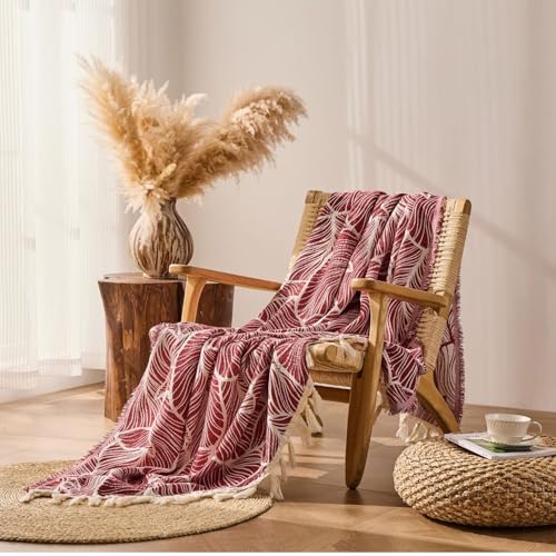 DOWN HOME Chenille Cotton Throw Blanket for Couch, Lightweight Boho Blanket for Bed Sofa Chair Living Room Outdoor Soft Woven Decorative Blanket with Tassel Gift Red Leaves 50"x70" - color: Red, size: 50"x70"