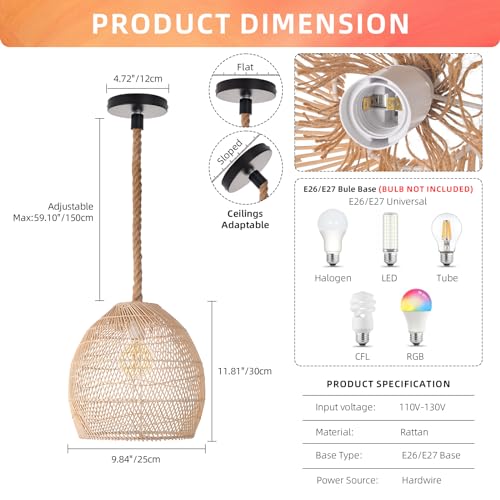 Arturesthome Mini Natural Rattan Pendant Light for Kitchen Island, Woven Lamp Shade Chandelier, Handmade Hanging Ceiling Light Lampshade, Rope Lamp D 9.8inx10.6in - size: 9.8″W x 10.6″H