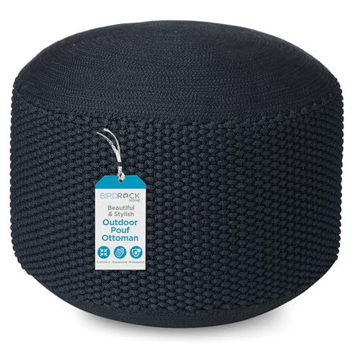 BIRDROCK HOME Outdoor Pouf Ottoman | Hand Woven Waterproof Foot Stool with Bead Bag Filling | Boho Foot Rest for Patio, Living Room, Porch & Outdoor Seating | Lightweight, Soft Stuffed Chair | Navy - color: Navy