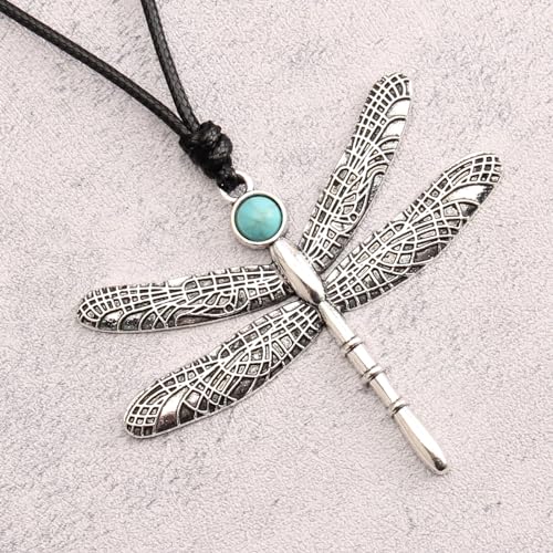Leather Necklace for Women Long Boho Pendant Hippie Choker Necklace Bohemian Layered Leather Rope Wooden Jewelry Gifts - style: Dragonfly Necklace Silver