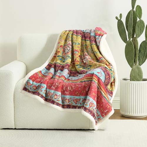 Boho Chic Sherpa Throw Blanket - Vibrant Bohemian Print & Ultra-Soft Cozy Lining, Stylish & Warm Winter Throw for Couch, Bed, or Décor - color: Boho-red, size: 50" x 60"
