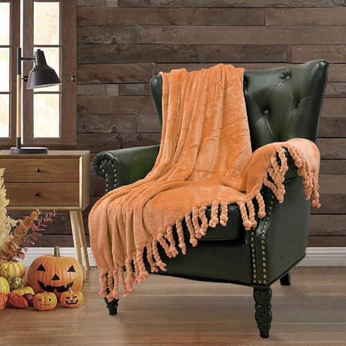 Throw Blankets Couch Cover Flannel Fleece Throw with Braided Rope Fringe Tassels, Plush Cozy Warm Soft Smooth Throw for Couch Sofa Bed Chair Home Décor, 50" x 60", Orange - color: Orange, size: 50" x 60"