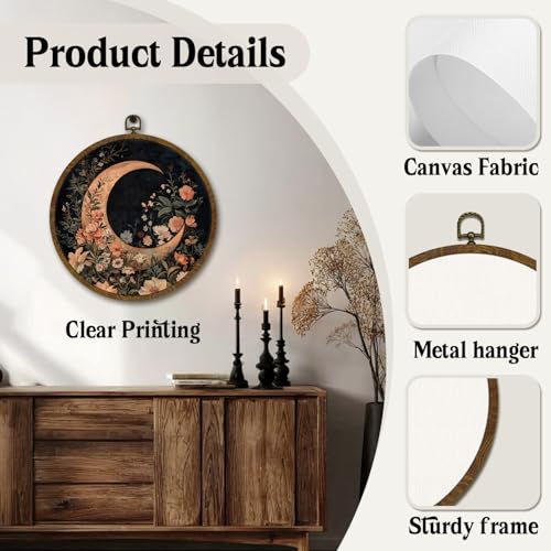 HEYJEEPER Vintage Crescent Moon Wall Art Decor,Boho Romance Floral Round Hanging Artwork, Mystical Botanical Linen Wall Hanging Decor for Living Room Bedroom Office Home, 10 Inch (Black-Moon)