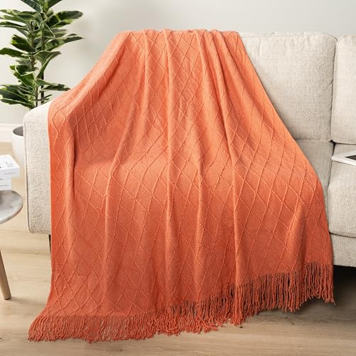 PAVILIA Coral Orange Knit Throw Blanket for Couch Bed, Soft Knitted Farmhouse Sofa Throw for Living Room, Lightweight Decorative Fall Throw Blanket for Chair, Outdoor Textured Boho Blanket, 50x60 - color: Coral Orange, size: 50 X 60 Inches - Throw