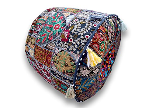 The Harry Creations Decorative Patchwork Comfortable Indian Ottoman Ethnic Cotton Cushion Bean Bag Designs Floor Embroidered Pouf Cover (Blue, 18"x13") - color: Blue, size: 18"x13"