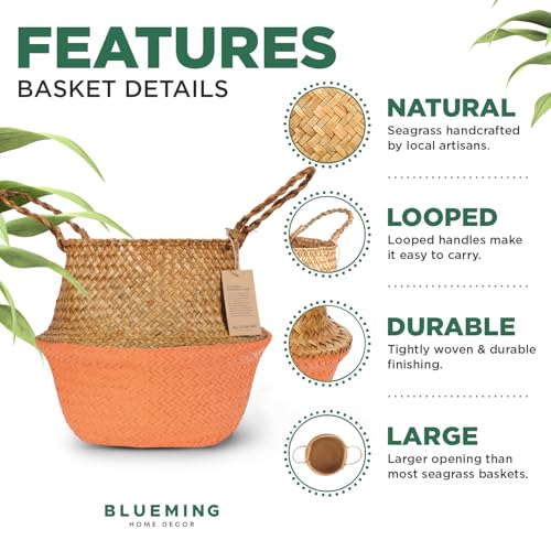Blueming Large Wicker Planter Basket – 12 Inch Seagrass Plant Pot in Boho Orange for Olive Trees, Faux Plants, or Indoor Decor, Woven Baskets Basket for Living Room or Modern Home Styling - color: Orange, size: Large