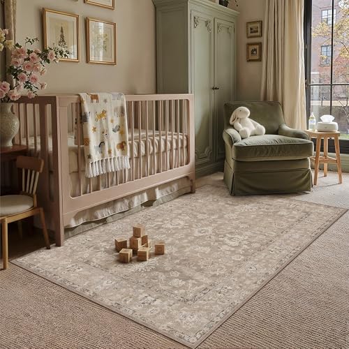 HUGEAR 5x7 Washable Vintage Area Rug Light Brown Neutral Distressed Low Pile Non Slip Soft Carpet Indoor Throw Rug for Living Room Bedroom Dining Room Home Office - color: Light Brown, size: 5' x 7' (Rectangular)