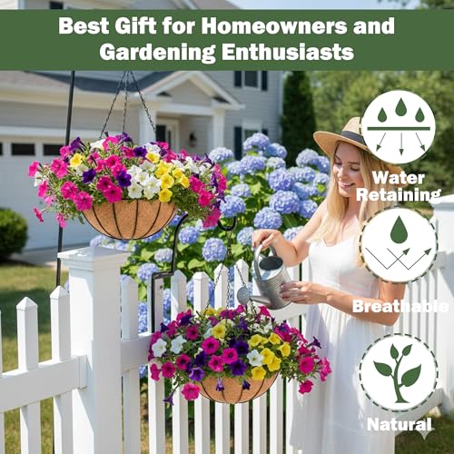 4 Pack 10 Inch Hanging Baskets for Plants Outdoor Metal Hanging Planter Basket with Coco Coir Liner Hanging Flower Baskets Hanging Flower Pots Holder for Garden, Patio(Watermelon) - size: 10 Inch, style: Garden