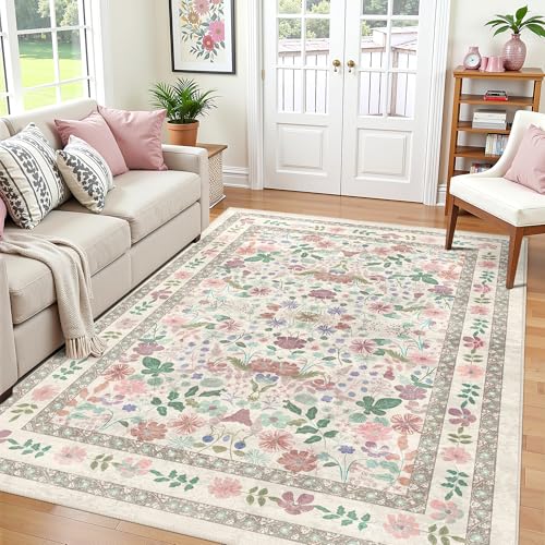 Deerly Floral Area Rugs 4x6 Washable Living Room Bedroom Carpet Vintage Boho Thin Non-Slip Soft Low Pile Floor Mat Indoor Home Decor for Dining Room Playroom Farmhouse, Beige/Light Pink/Multi - color: Beige/Light Pink/Multi, size: 4' x 6' (Rectangular)
