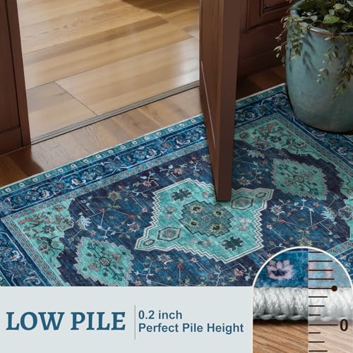 Tangsoo Oriental Small 2X3 Washable Rugs, Teal Vintage Non Slip Rug Carpet, Indoor Front Door Rug for Entryway, Door Mat Indoor Entrance Soft Low Pile Throw Rugs for Entry Kitchen Bedroom - color: Teal, size: 2' X 3' (Rectangular)