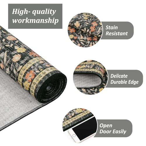 Area Rug for Living Room Ultra Thin Washable Floral Area Rug Non-Slip Boho Flower Carpet - Soft Indoor Throw Rug for Girls Room, Nursery, Playroom - color: Black, size: 5' x 7'