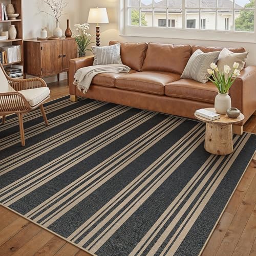 PureCozy Striped Easy Jute Rug 6x9 Black Living Room Carpet Washable Non Slip Bedroom Rug Farmhouse Neutral Non Shedding Indoor Outdoor Large Carpet for Dining Room Under Table Office - color: Black/Striped, size: 6' x 9' (Rectangular)
