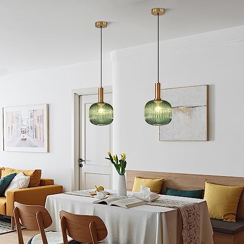 BOKT Mid Century Modern Green Glass Pendant Light Large Gold Globe Kitchen Island Pendant Light Fixture Minimalist Anti Brushed Brass Round Ceiling Hanging Pendant Lamp (7.9" Green) - color: Green