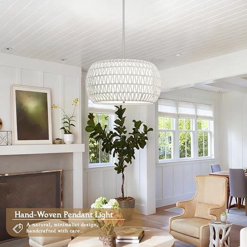 18 inch White 3 Light Rattan Chandelier Rattan Farmhouse Light Fixture Woven Pendant Lights Fabric Shade Boho Chandelier for Kitchen Dinning Room - color: 18"-White-Drum