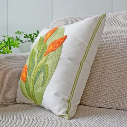 vctops Farmhouse Calla Lily Cotton Tufted Throw Pillow Cover Spring Floral Embroidery Pillowcase Soft Square Cushion Case for Sofa Couch Bed Chair (Orange C,18"x18") - color: Orange C