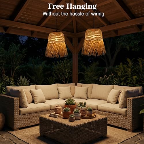 Livinlarge Bamboo Woven Outdoor Chandelier Small Hanging Rattan Solar Pendant Lights Modern Retro Boho Pendant for Gazebo Yard Porch Patio Garden Backyard Decor（1 Pack） - style: Rattan Pendant Lights