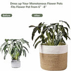 Cotton Rope Plant Basket Modern Hand Woven Planter for 8 Inch Flower Pot Floor Indoor Planters Foldable Storage Organizer Basket Rustic Home Decor White Stitching Khaki W 8.5" x H 7.5"