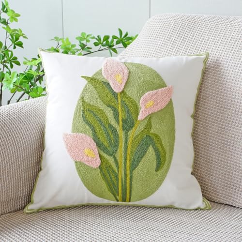 vctops Farmhouse Calla Lily Cotton Tufted Throw Pillow Cover Spring Floral Embroidery Pillowcase Soft Square Cushion Case for Sofa Couch Bed Chair (Pink C,18"x18") - color: Pink C