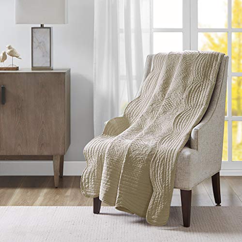 Madison Park Luxe Quilted Throw Blanket - Damask Stitching Design, Cotton Filled Spread, Ultra Soft, Cozy Bedding for Living Room Couch, Sofa, Bed, 60x72", Scalloped Borders Khaki - color: Scalloped Edges Khaki, size: 60"x72"